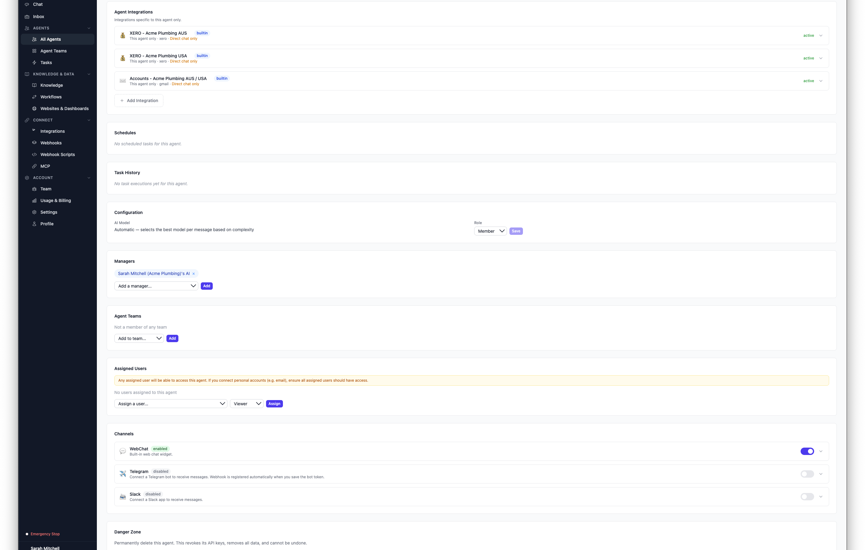 Schedules section on the agent detail page