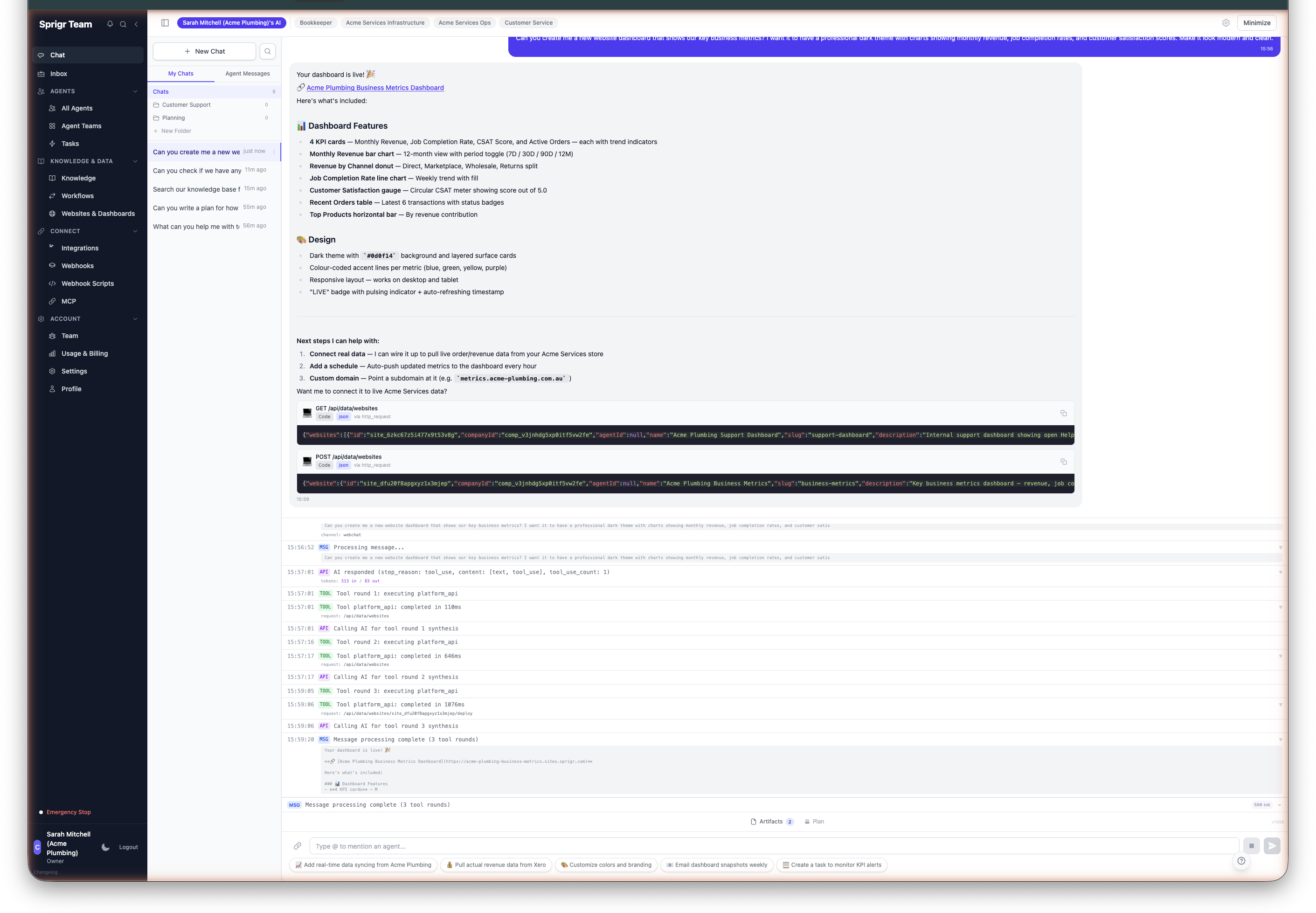 Agent creating a business metrics dashboard with charts and KPIs