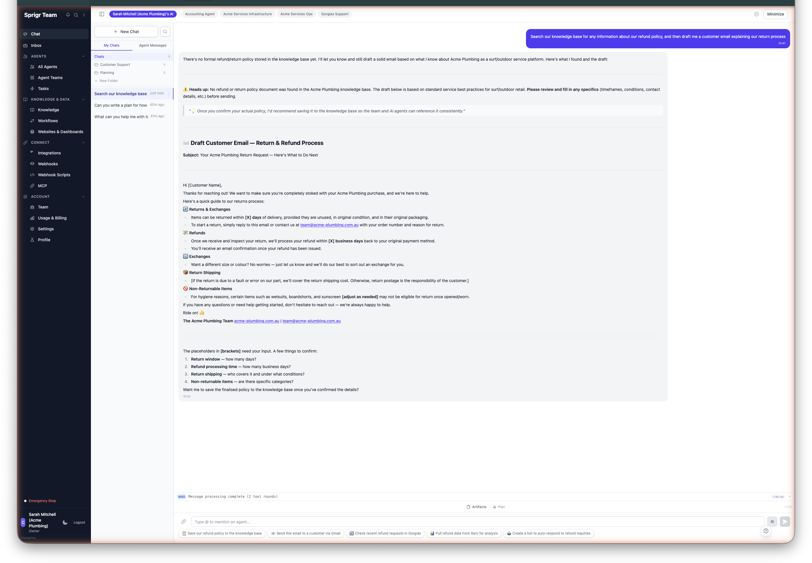 Agent searching knowledge and drafting a customer email