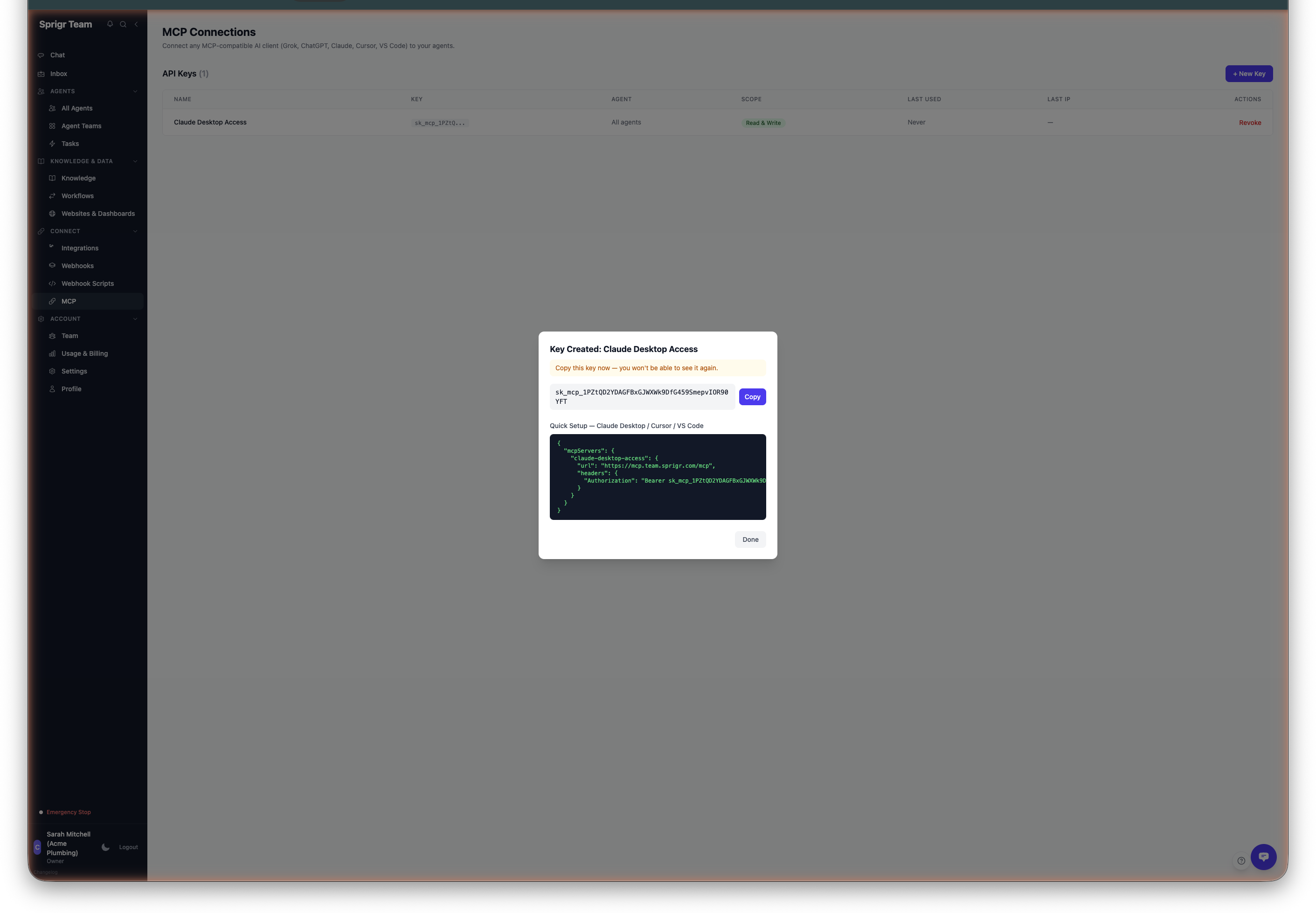 Key created with API key and config snippet
